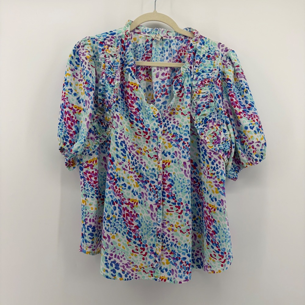 Umgee Womens Colorful Abstract Print Ruffle Neck Short Sleeve Blouse Top Size L